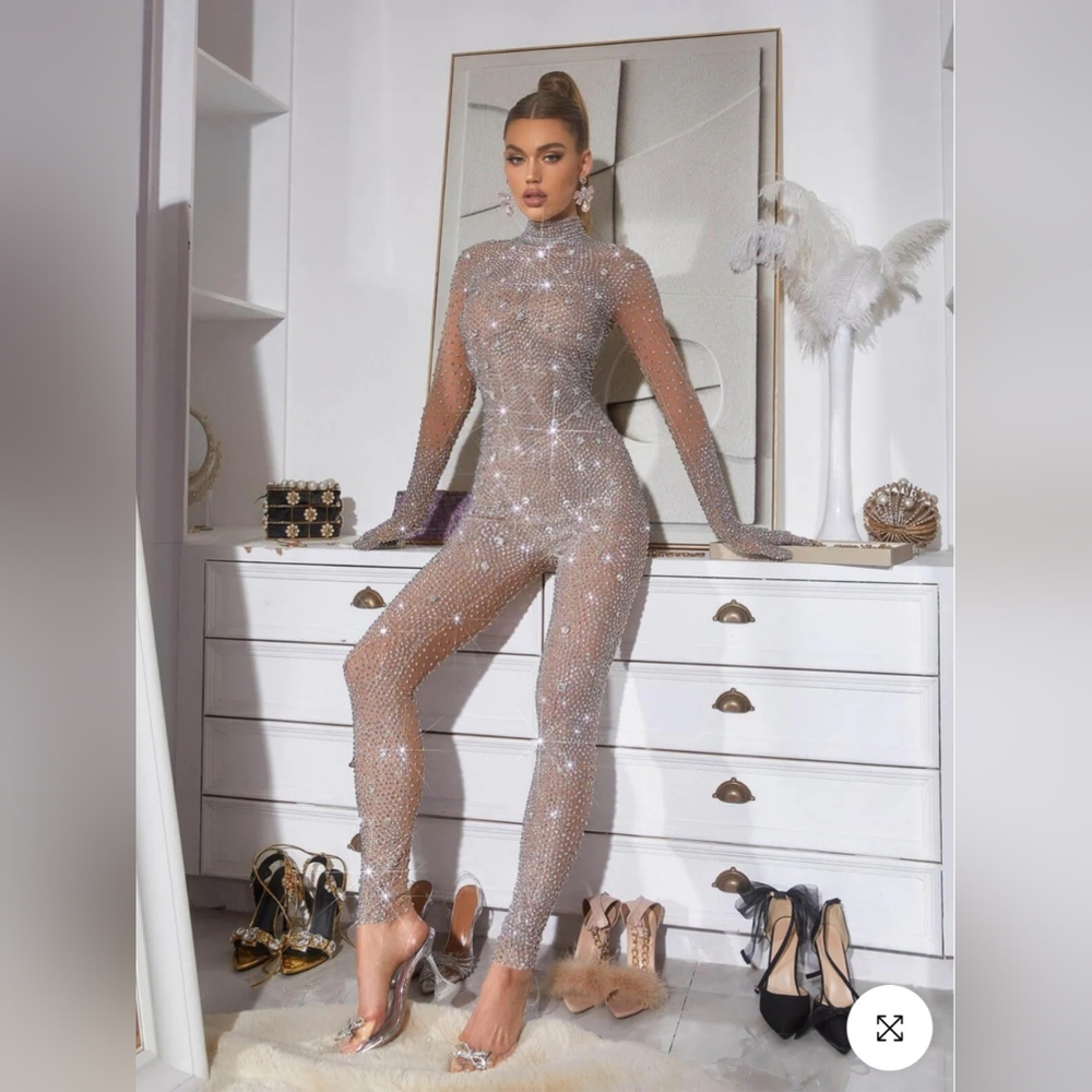 Mew Mews Ally Rhinestone Mesh Jumpsuit Sz: M